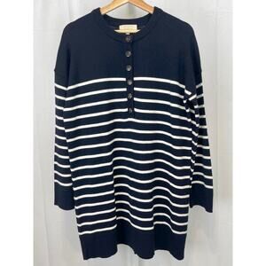 SEZANE Evelyn Knit Dress Striped Merino Wool Henley Mini Navy Blue Off White M